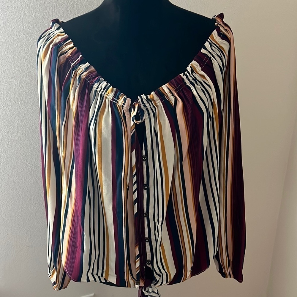 Jolt striped off the shoulder‎ tie front long bubble sleeves top blouse Sz XL